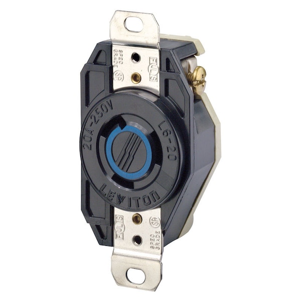 Leviton Locking Receptacle, L6-20R, 20 A, 250V AC, 2 Pole, Flush Mount, Screw Terminals, Black 02320-00D - main